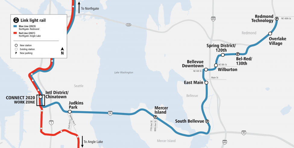 Blue Line trains will serve 19 stations from Northgate to Redmond, including 10 new stations in Judkins Park, Mercer Island, Bellevue and Redmond. 