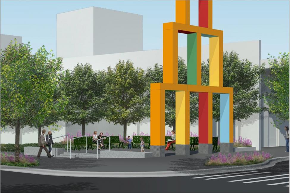 An illustration of the 'Building Blocks' sculpture with the completed plaza and landscaping