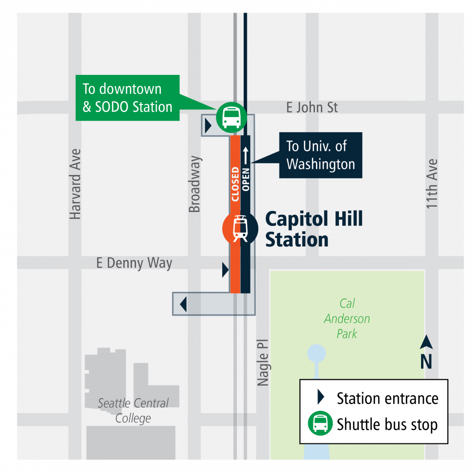 Capitol Hill Station bus shuttle map. Buses will serve the stop on the south side of E. John St just east of Broadway.
