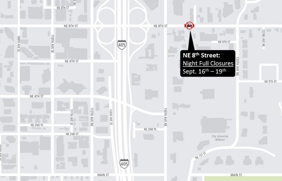 Map of Northeast 8th Street closures.