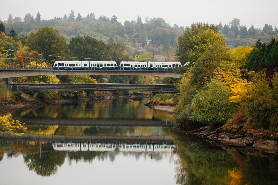 A Link light rail train crosses the Duwamish River.