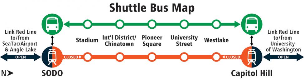Bus shuttle will operate between SODO and Capitol Hill stations. Individual station maps on this page have stop locations.
