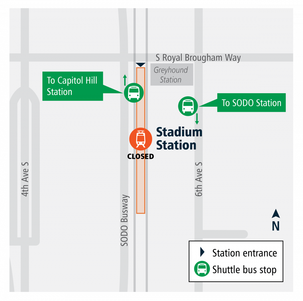 Southbound buses will serve the west side of 6th Avenue South at Royal Brougham. Northbound buses will serve the east side of the SODO busway adjacent to Stadium Station.