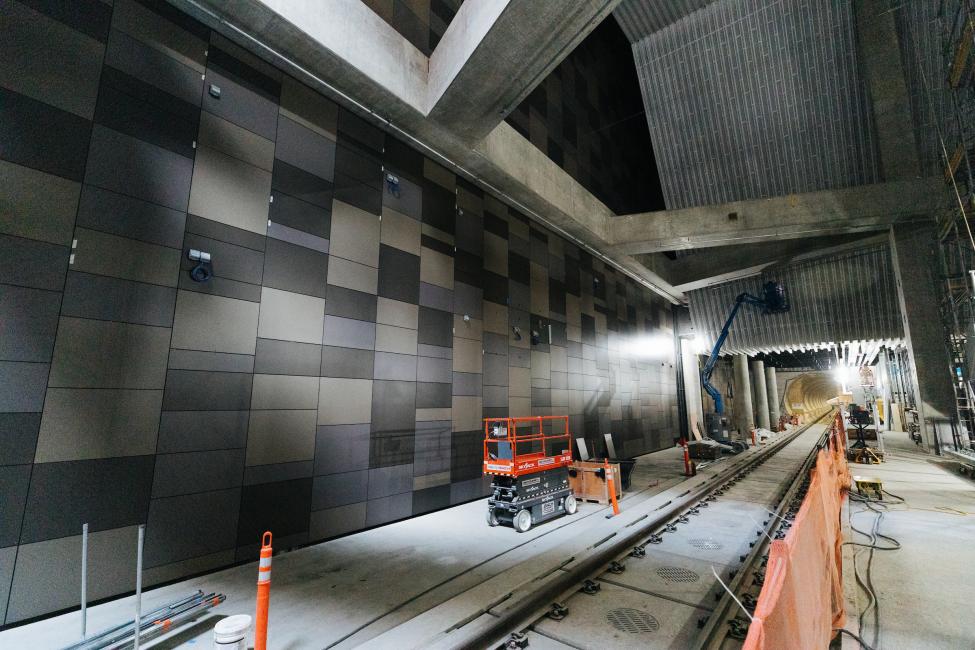 A view of the tunnel at U District Station, after tile work was completed.