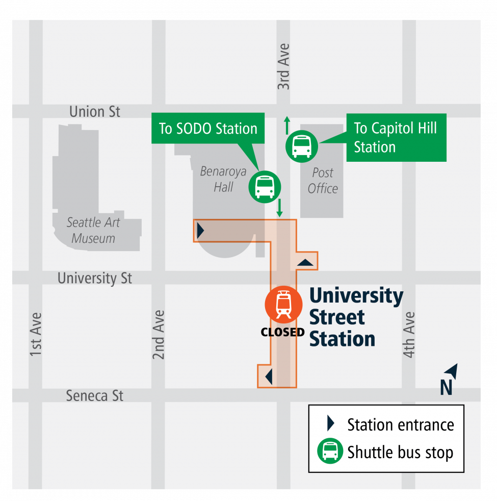 Buses to Westlake and Capitol Hill will serve the east side of 3rd Avenue between UNiversity and Union. Buses to SODO will serve the west side of 3rd Avenue between Union and UNiversity.