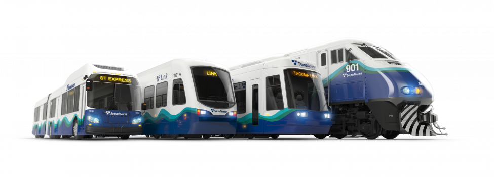 Illustration of transit vehicles, bus, train, light rail
