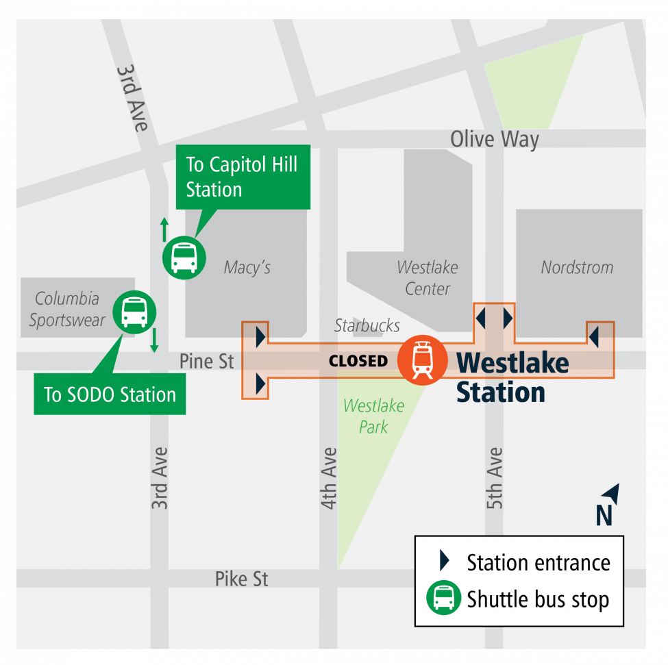 Buses to Capitol Hill will stop on the east side of 3rd Avenue between Pine and Olive. Southbound buses to SODO will stop on the west side of 3rd Avenue between Olive and Pine.
