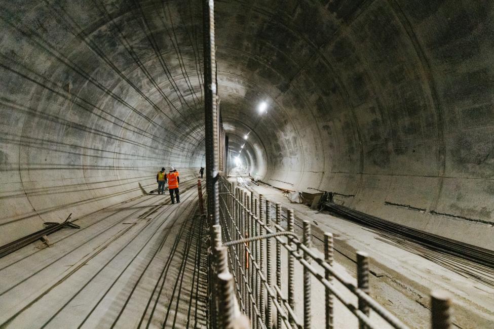 Workers walk through the light rail tunnel under downtown Bellevue. 