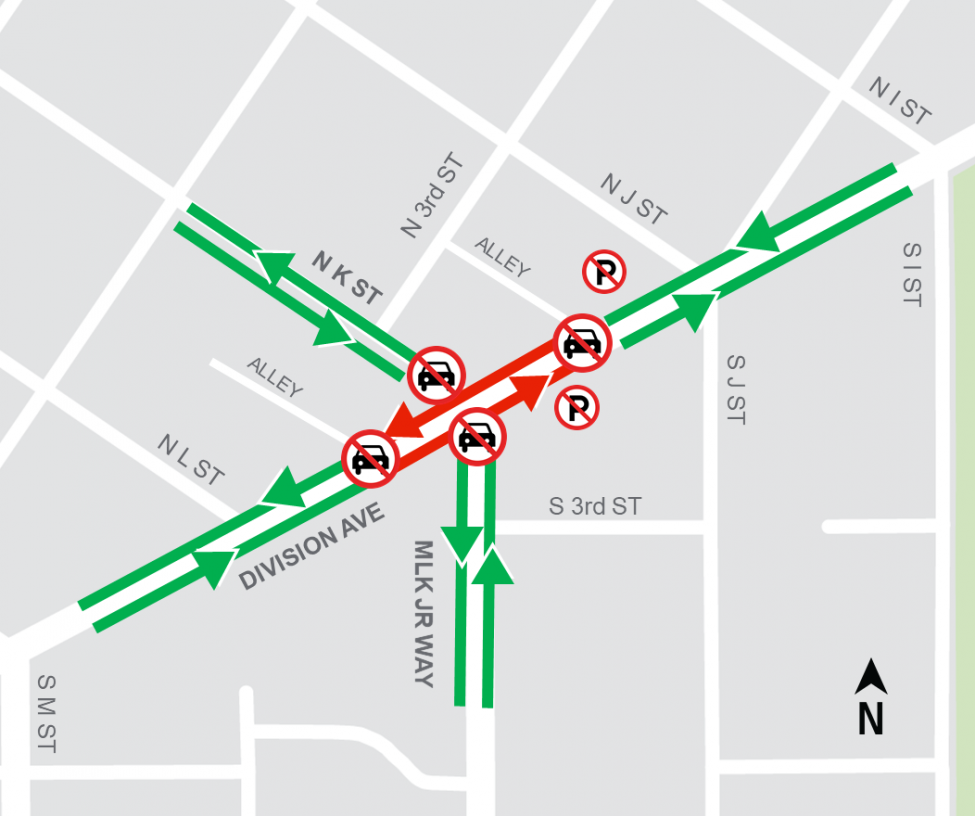 Map of Division Avenue and Martin Luther King Jr. Way/K Street intersection closure for the weekend of Nov. 2 and 3.