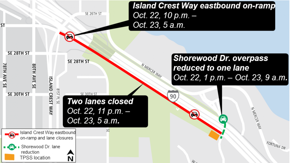 Map of overnight work at eastbound I-90 at Shorewood Drive.
