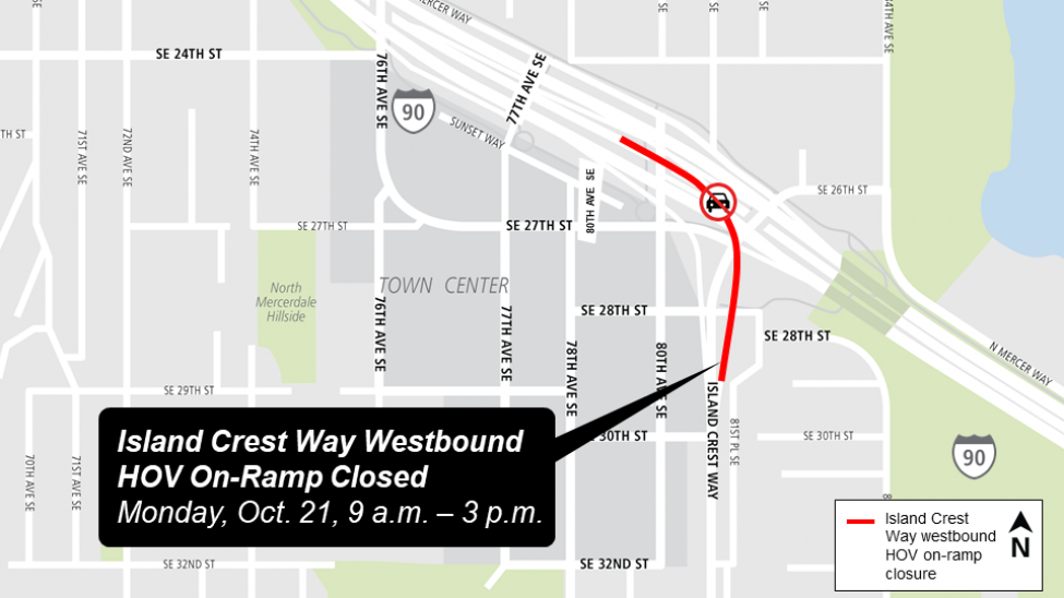 Map of Island Crest Way westbound HOV on-ramp closure on Mercer Island.