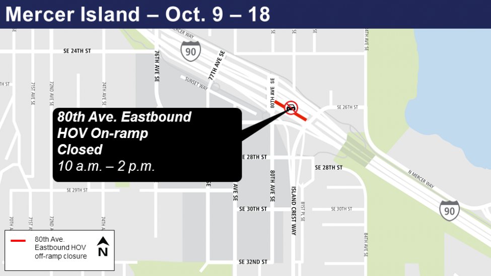 Map of I-90 80th Avenue eastbound HOV off-ramp closure.