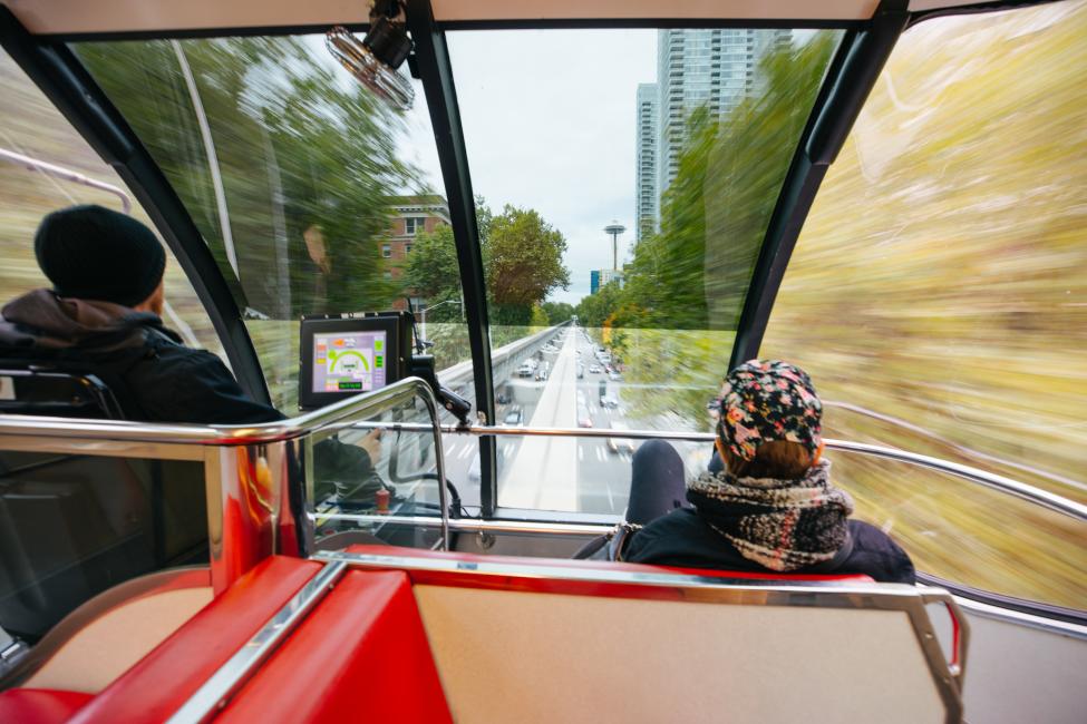 Riding the monorail from Westlake to Seattle Center.