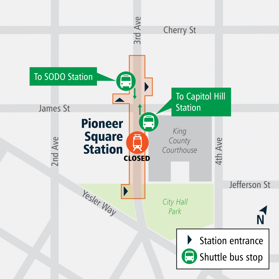 Northbound buses will stop on the east side of 3rd Avenue between Jefferson and James. Southbound buses will stop on the west side of 3rd Avenue between Cherry and James.