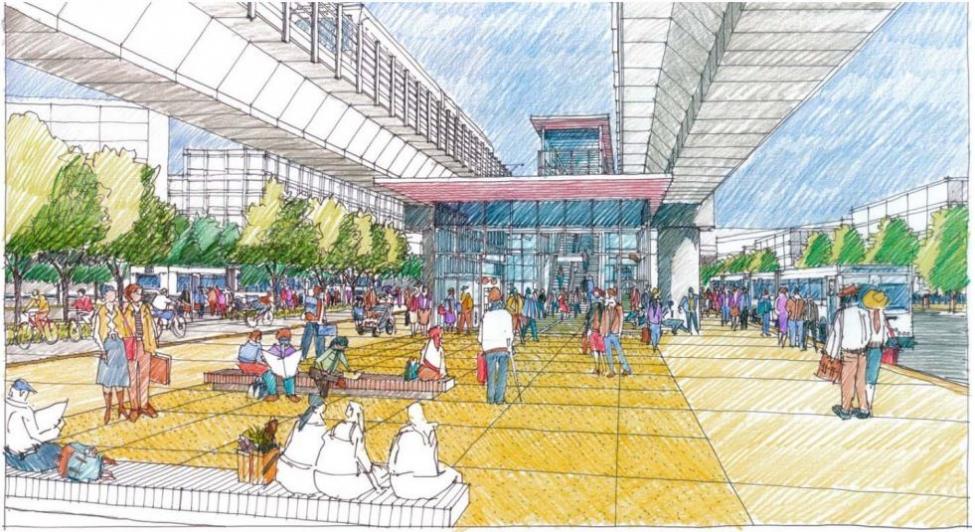 A concept sketch from 2017 showing a design for Downtown Redmond Station. The elevated station will the final stop of the Blue Line.