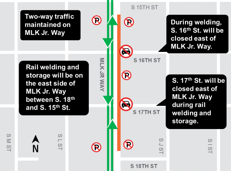 Map of Martin Luther King Jr. Way closure for rail welding.