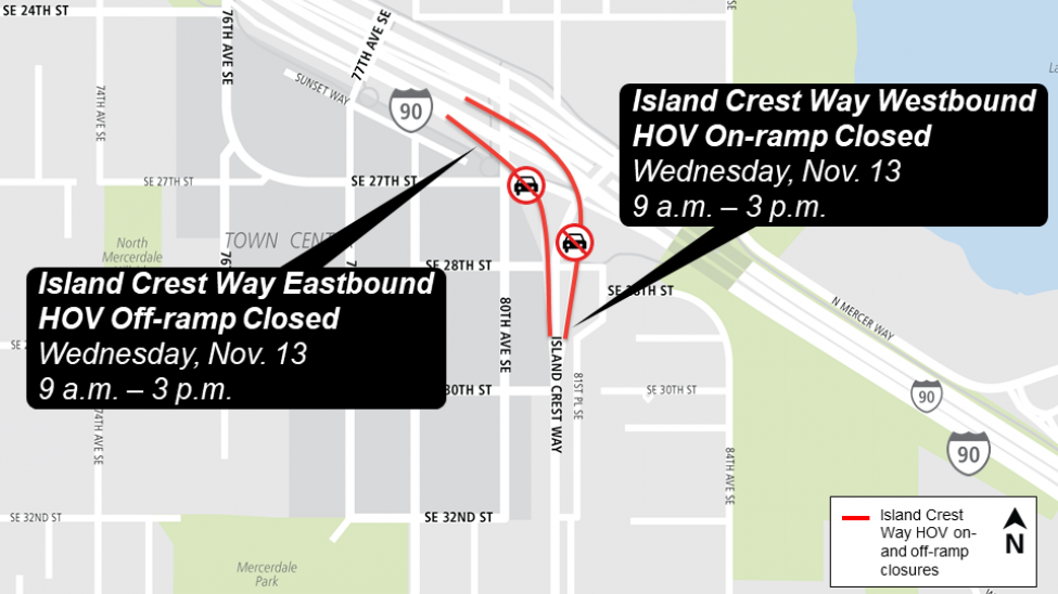 Map of Island Crest Way ramp closures.
