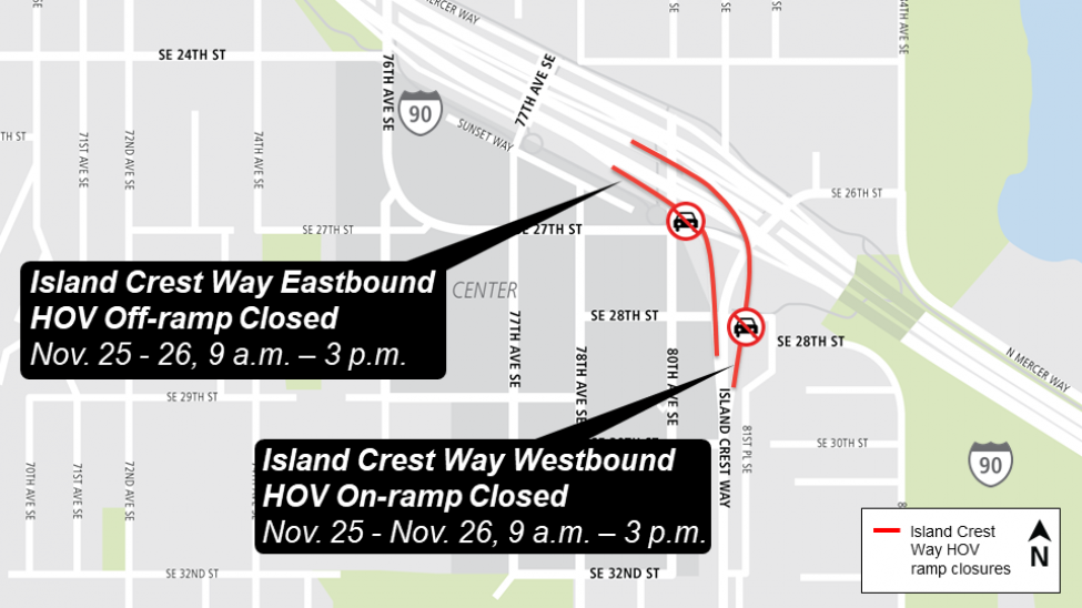 Map of Island Crest Way off-ramp and on-ramp closures from Interstate 90.