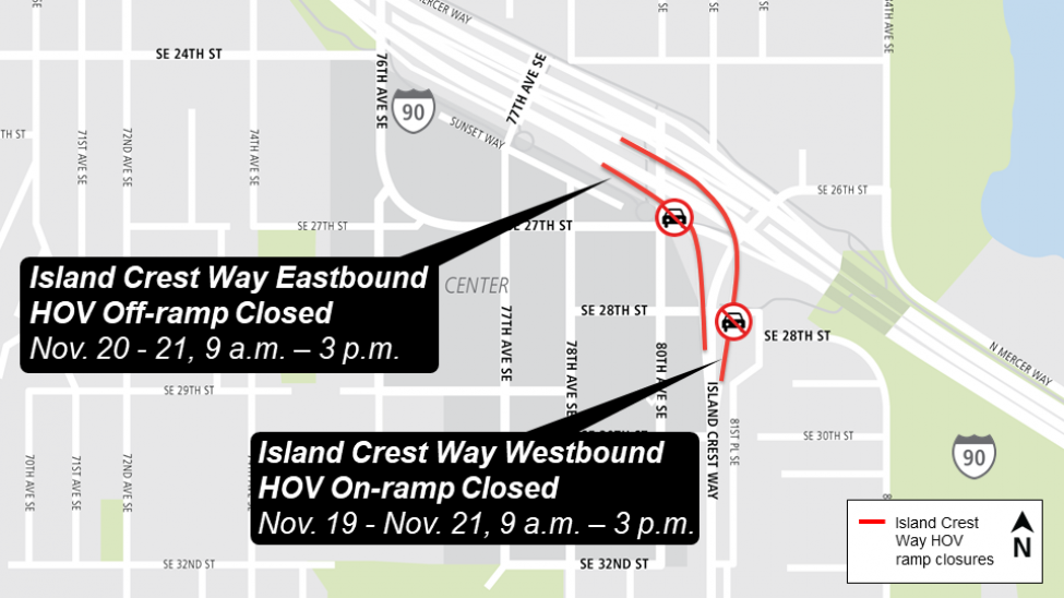 Map of Island Crest Way Interstate 90 on/off ramp closures.