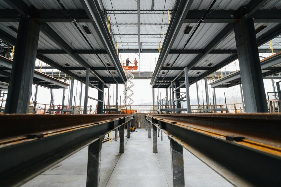 This photo was taken from one of the vehicle maintenance bays currently under construction, where light rail vehicles will go for service.