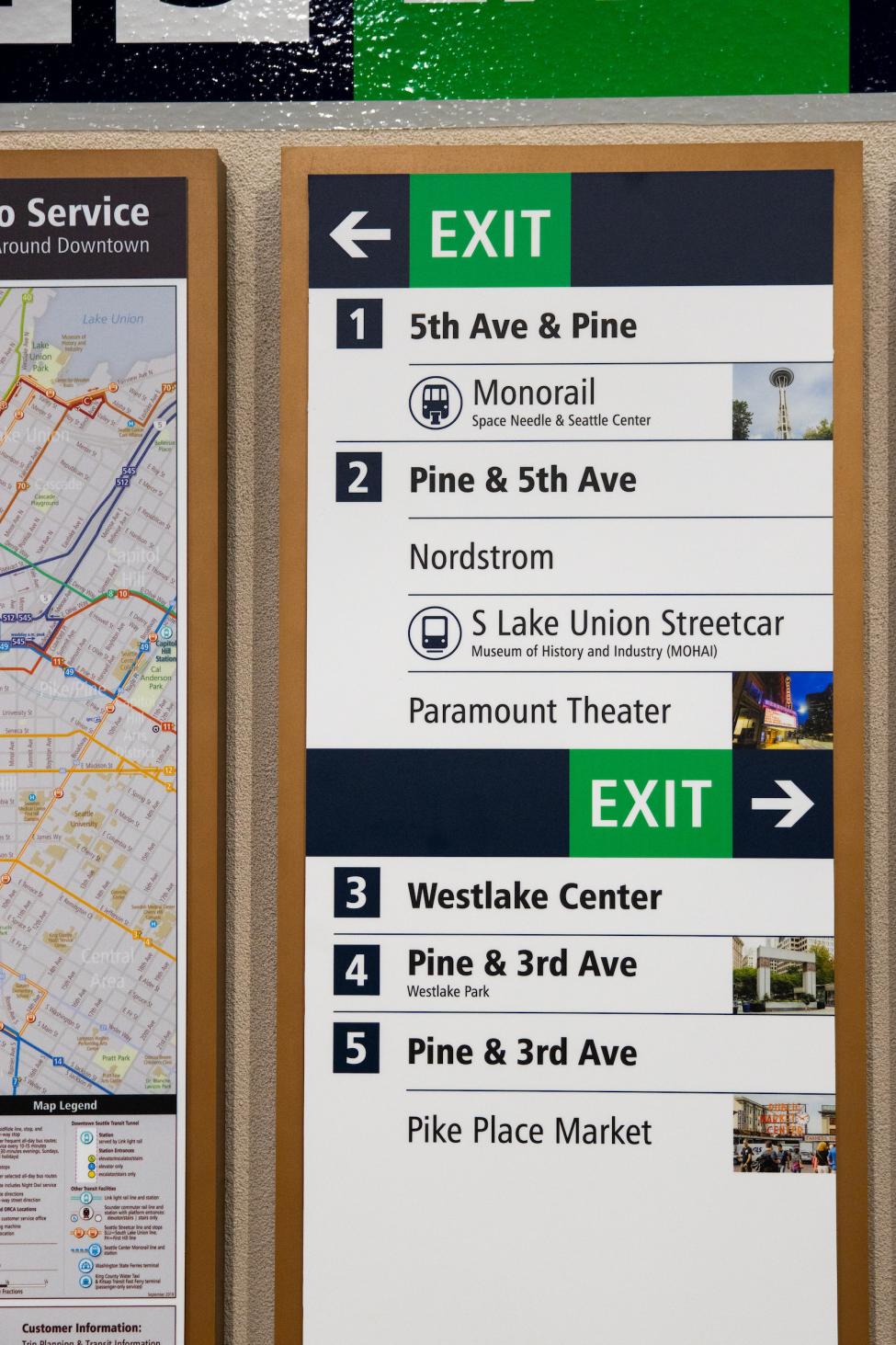 A photo of the new directory in Westlake Station shows how riders can get to the Monorail, Pike Place Market and more using the numbered exits.