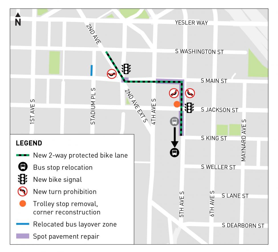 A map showing the protected bike lanes running north from the International District-Chinatown Station