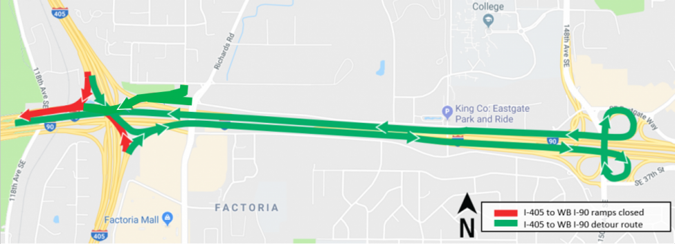 Map of phase one of ramp closures and lane reductions of I-405 to westbound I-90 and westbound I-90.