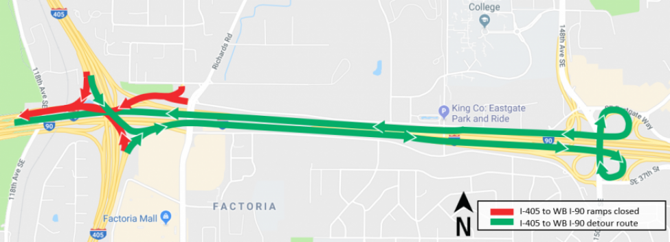 Map of phase two of ramp closures and lane reductions of I-405 to westbound I-90 and westbound I-90.