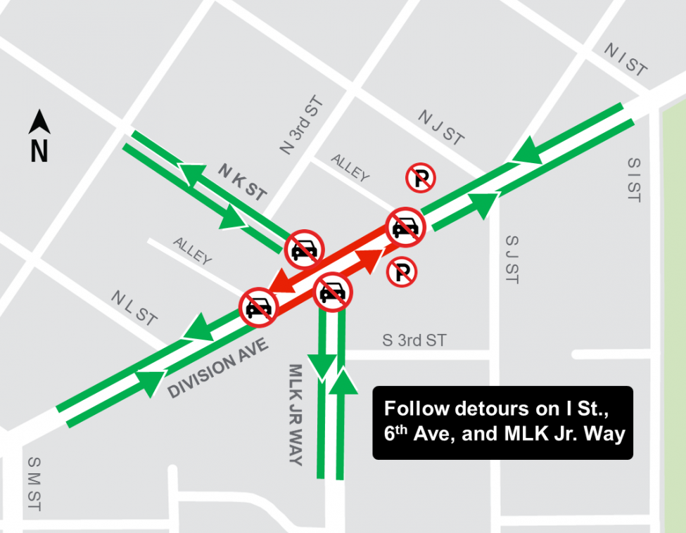 Division Ave and N K St work area map