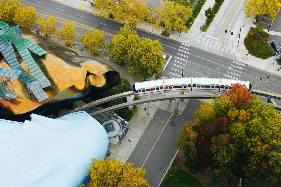 An aerial shot of the Seattle Monorail, as seen from the Space Needle.