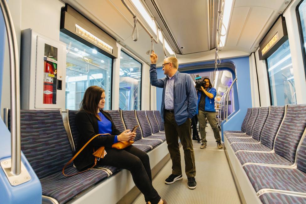 When the newest light rail vehicle arrived, media and ST employees got a tour.