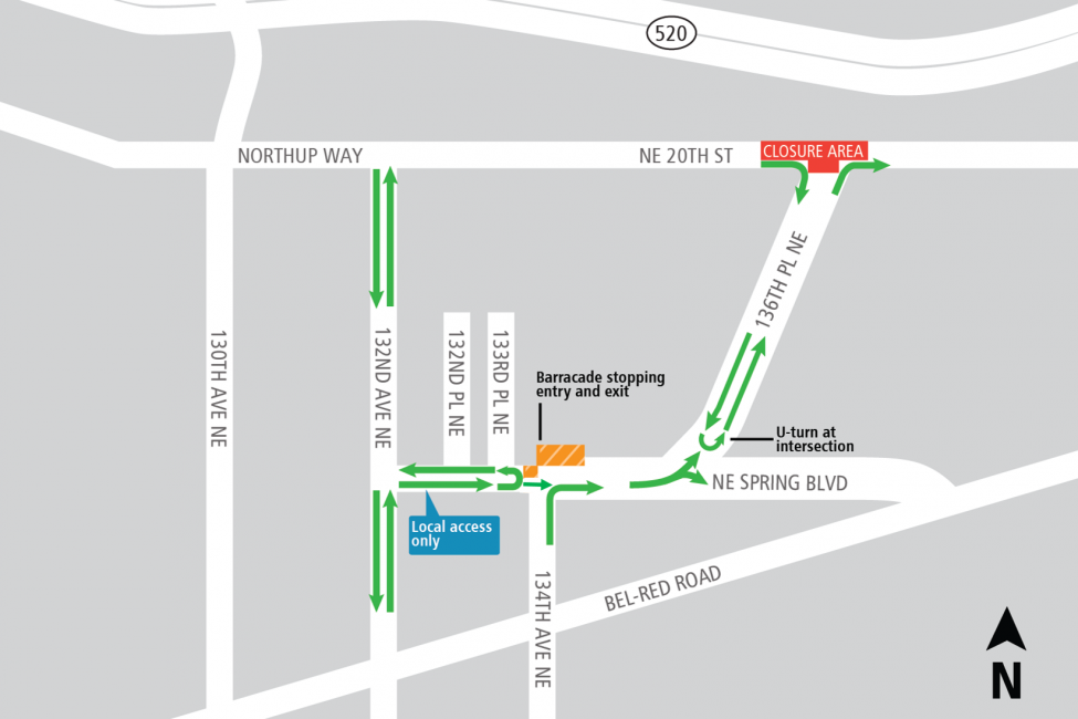 Map of weekend intersection closure and traffic detours in BelRed.