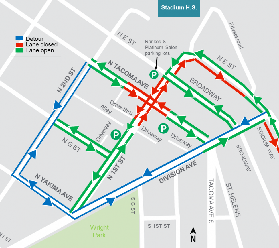 Map of detours, lane closures and open lanes around North Tacoma Avenue and North 1st Street.