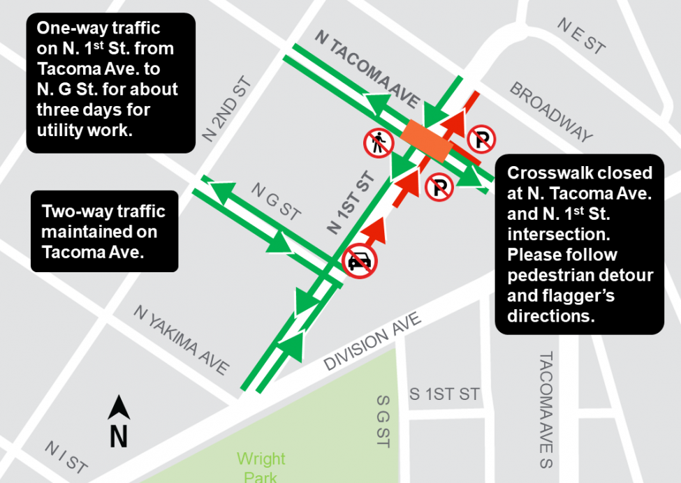 Lane restrictions and crosswalk closures on North 1st Street, Tacoma.