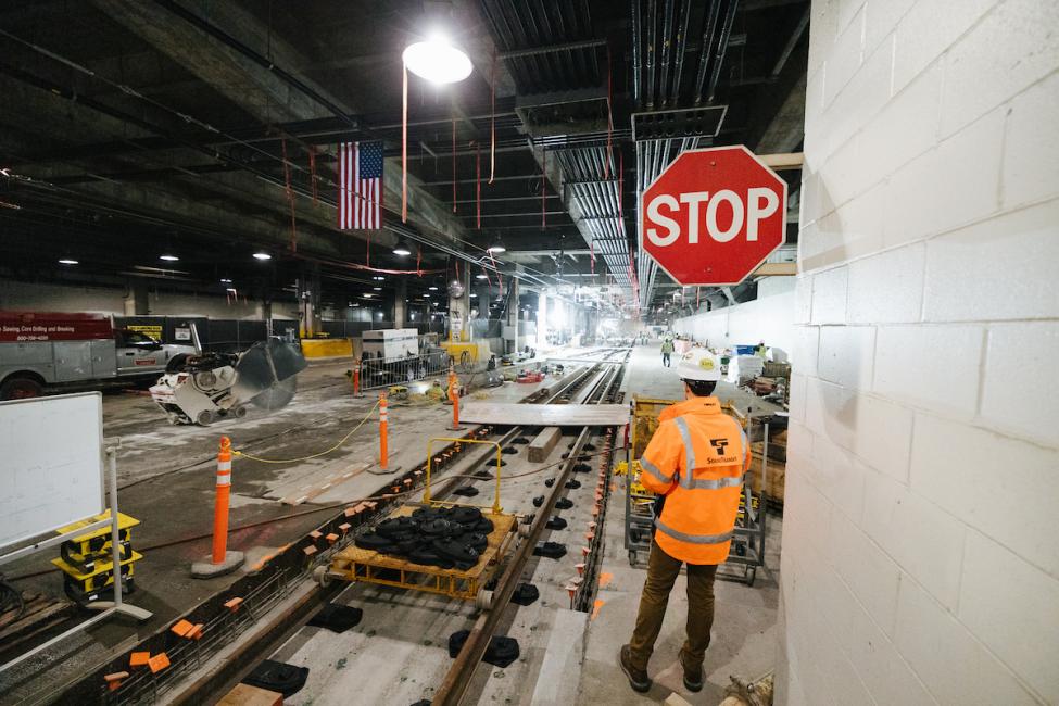 New rails coming into the International District/Chinatown Station to connect East Link with the existing light rail line. 