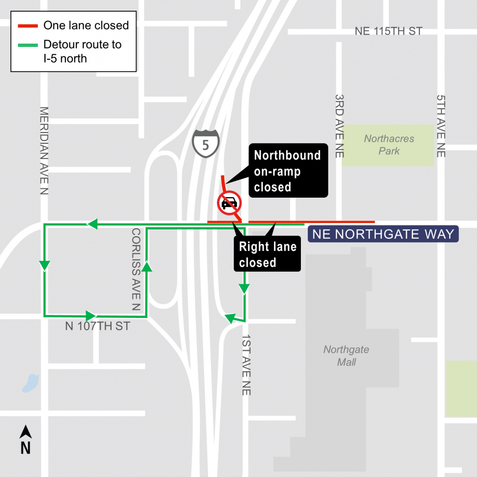Map of Interstate 5 on-ramp closure in Northgate.