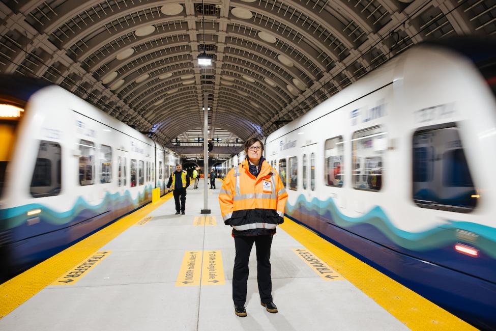 Executive Operations Director Marie Olson on the Pioneer Square Station center platform.