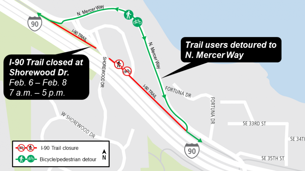 Map showing closure and detour route for I-90 trail on Mercer Island.