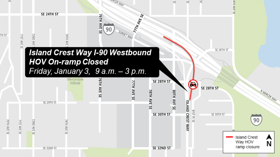 Map of Island Crest Way ramp closures on Mercer Island.