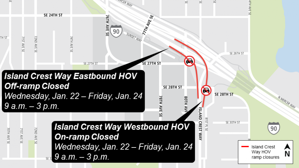 Map of Island Crest Way ramp closures on Mercer Island.