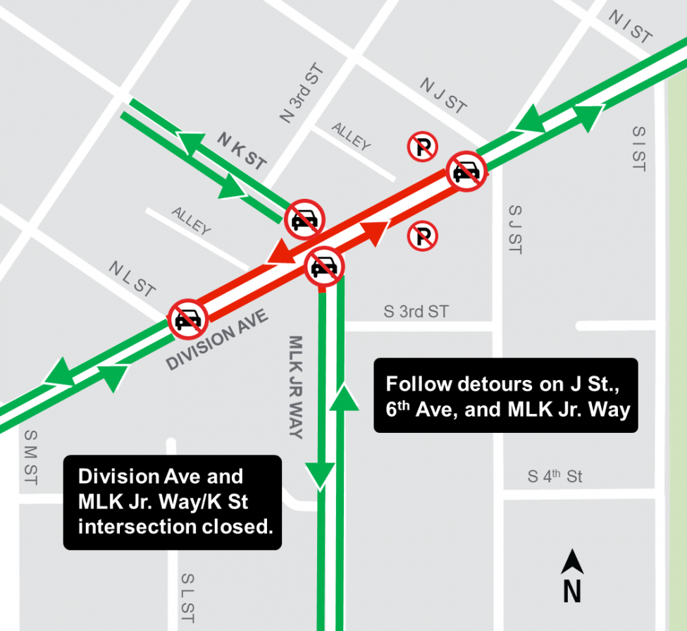 Martin Luther King Jr Way & Division Avenue Construction area map
