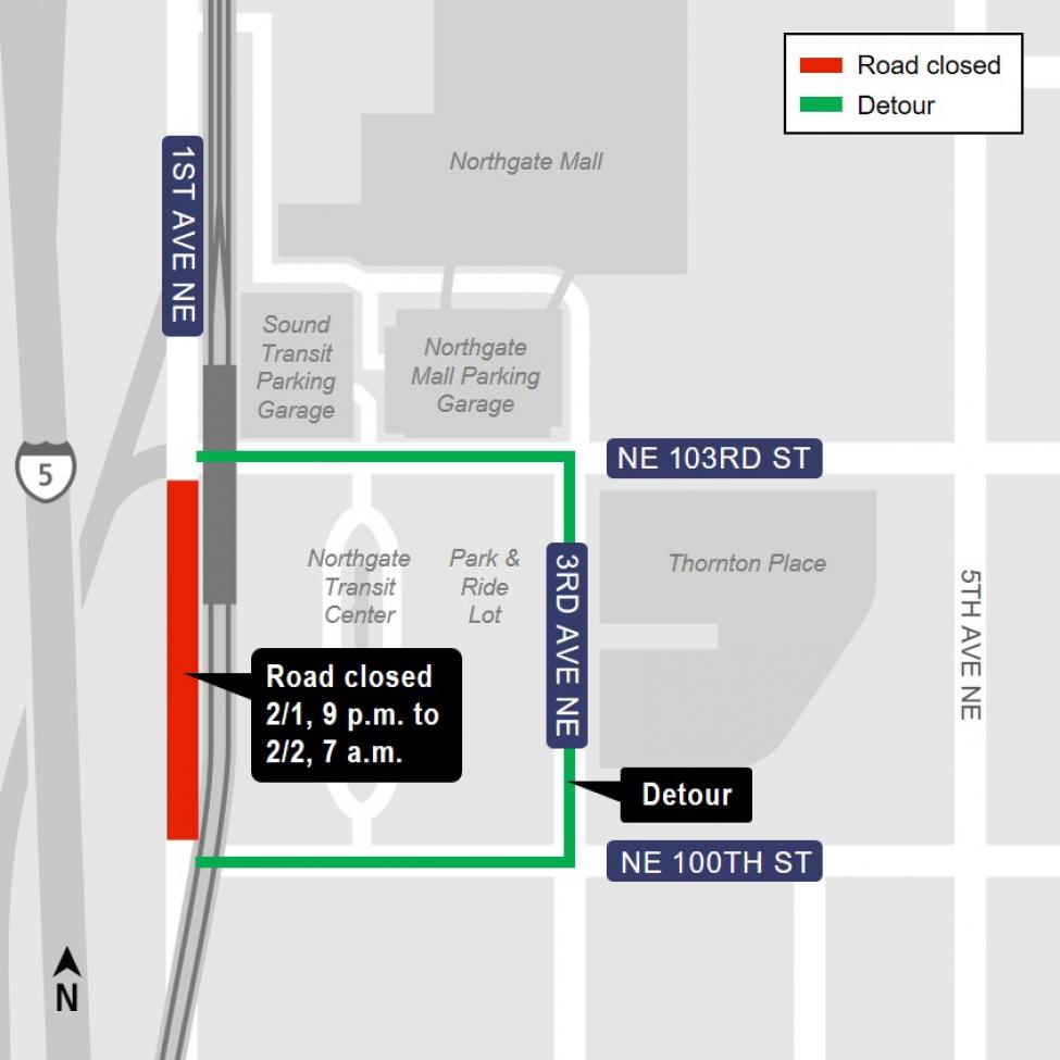 Map of 1st Avenue Northeast closure near future Northgate Station.