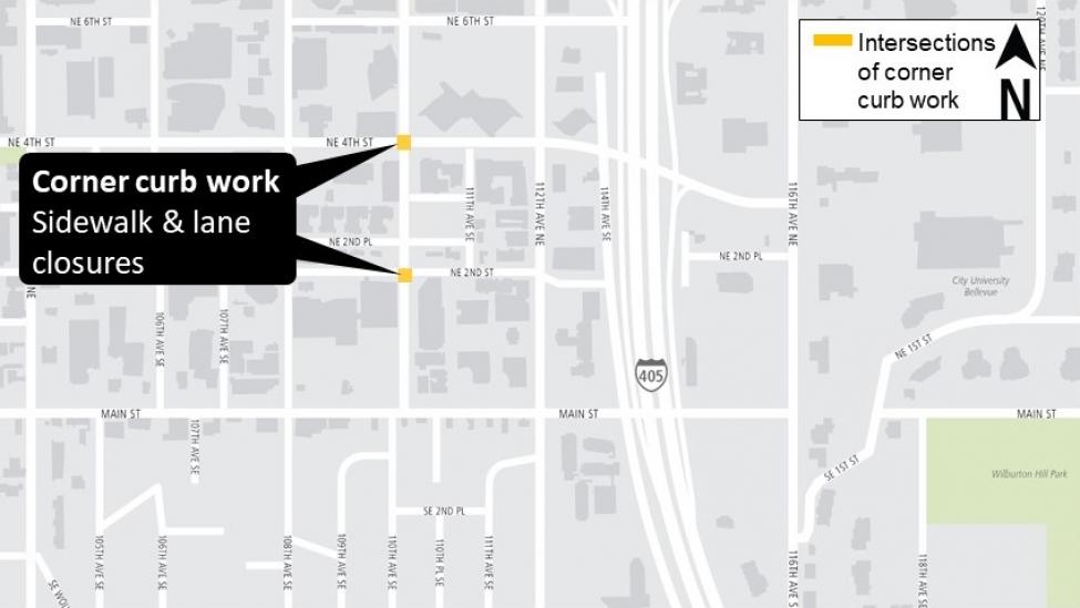 Map of curb corner work at the intersections of 110th Avenue Northeast and Northeast 4th Street and 110th Avenue Northeast and Northeast 2nd Street.