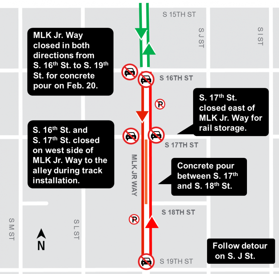 Map of construction work along Martin Luther King Jr. Way.