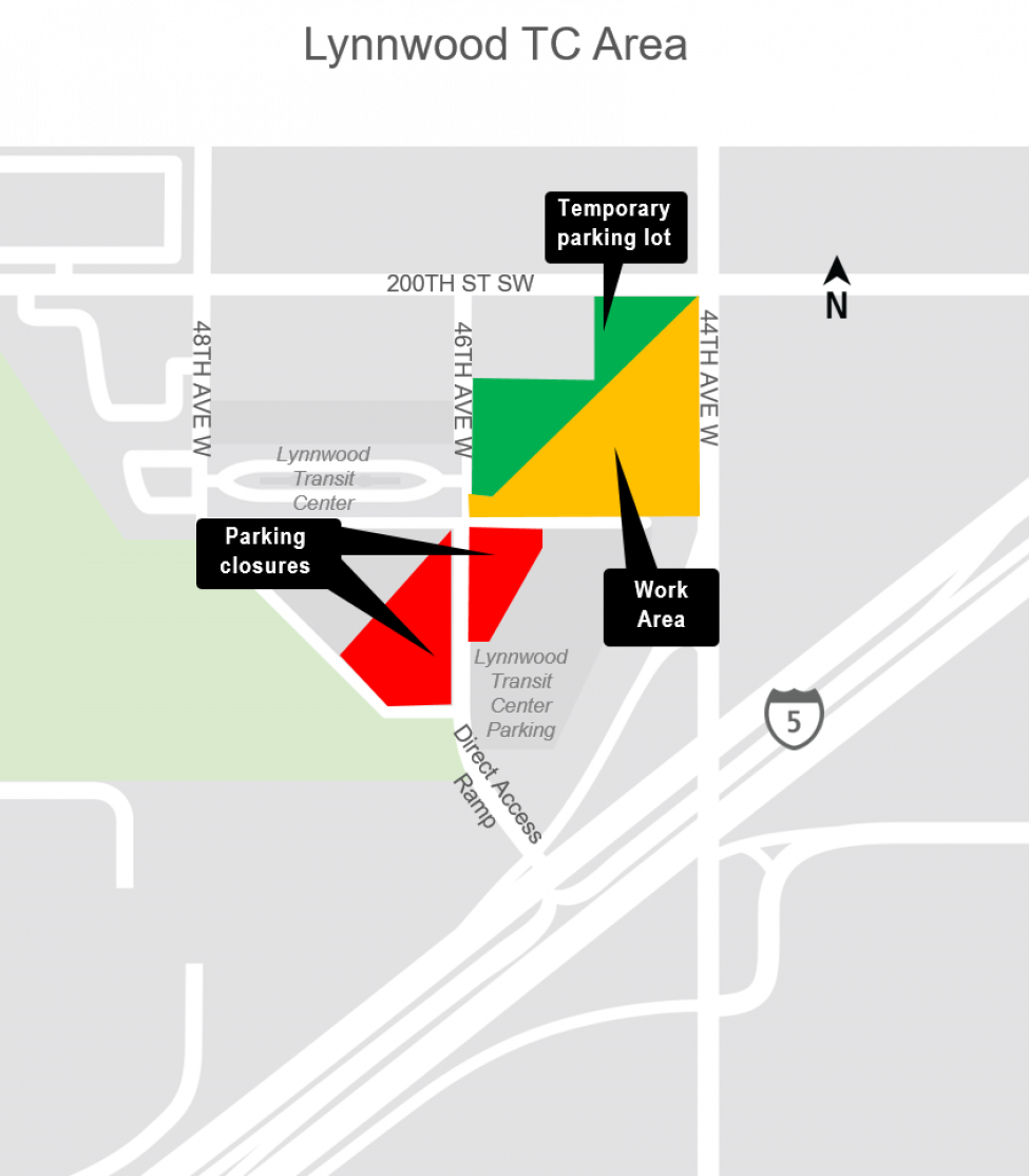 Map of construction work impacts at Lynnwood Transit Center.