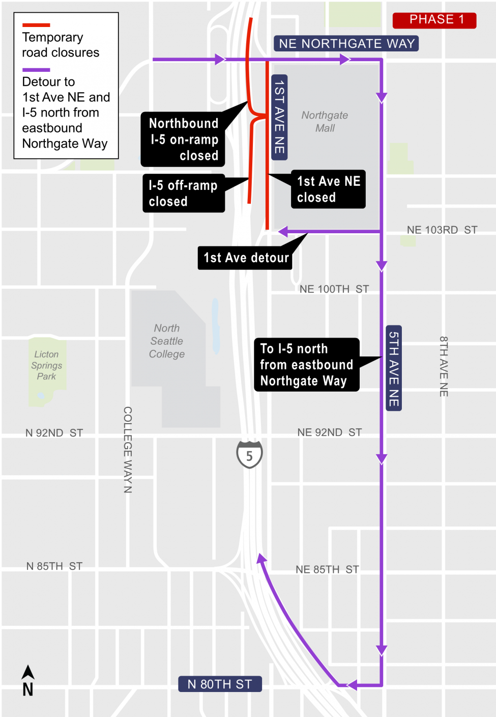 Part one of Phase one of traffic detours near Northgate Transit Center.