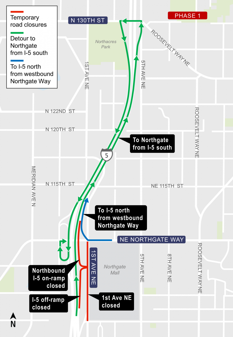 Part two of Phase one of traffic detours near Northgate Transit Center.