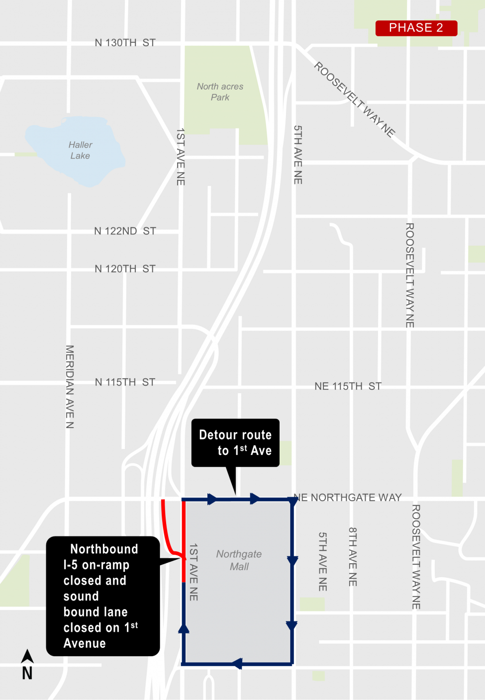 Phase two of traffic detours near Northgate Transit Center.