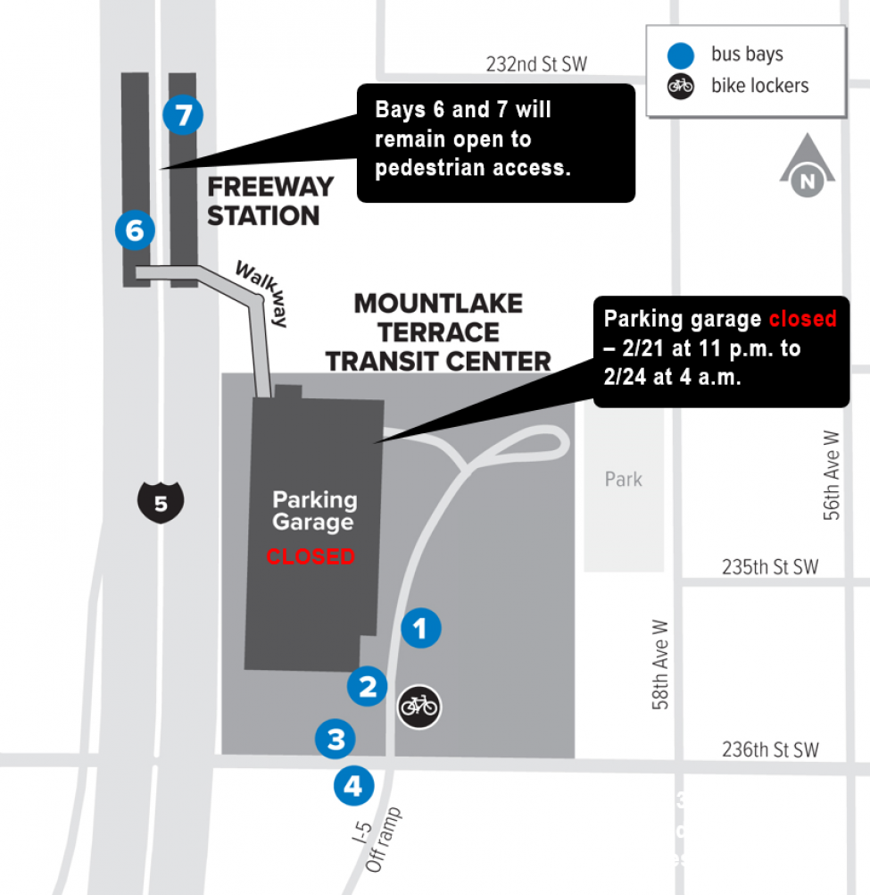 Map of Mountlake Terrace Transit Center garage closure.