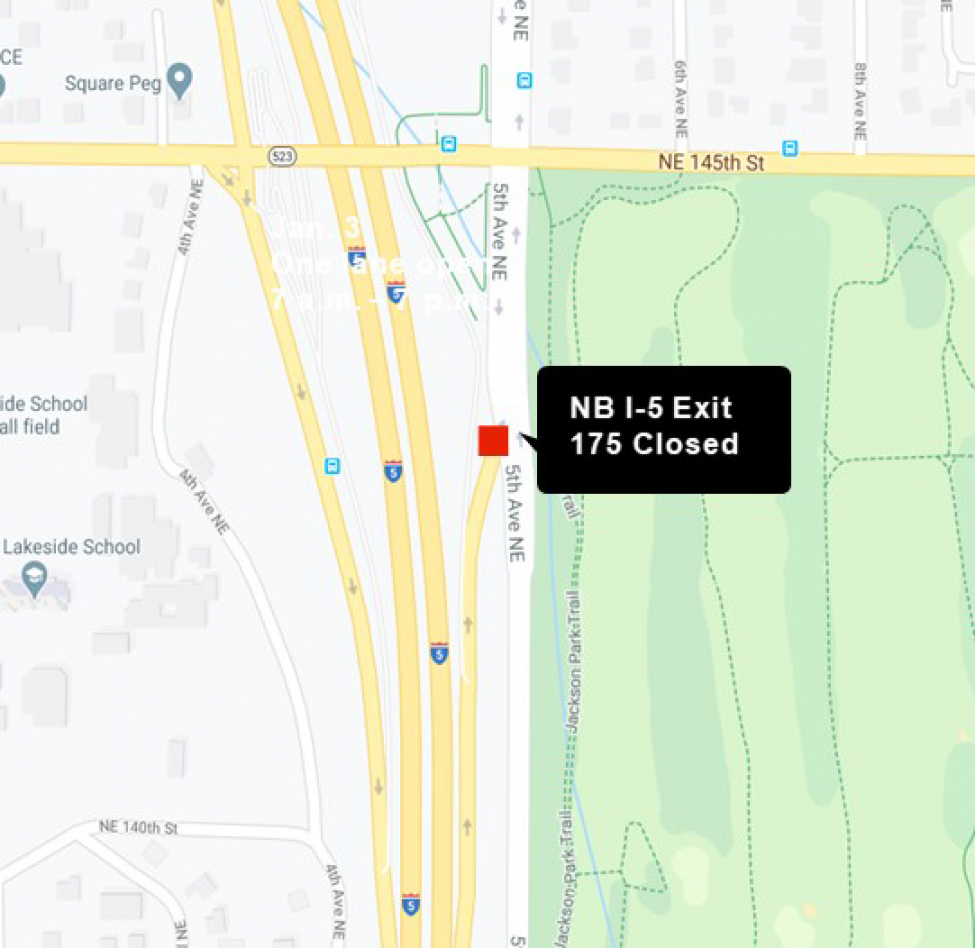 Map showing location of I-5 off-ramp closure at exit 175.